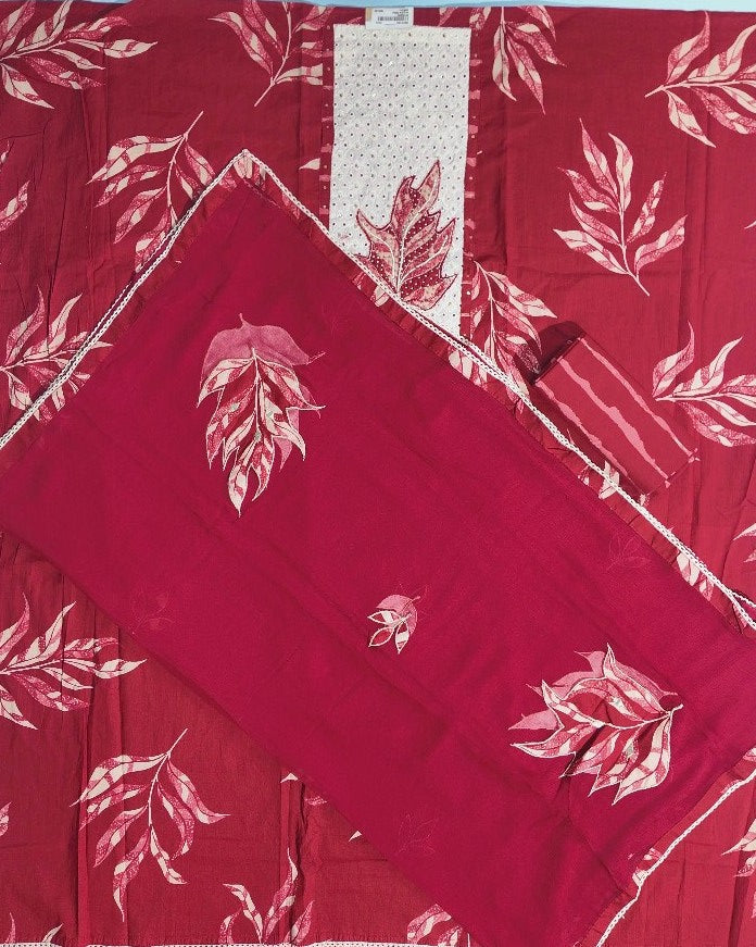 Elegant Maroon Leaf Print Cotton Suit Set - Red - Picture 2