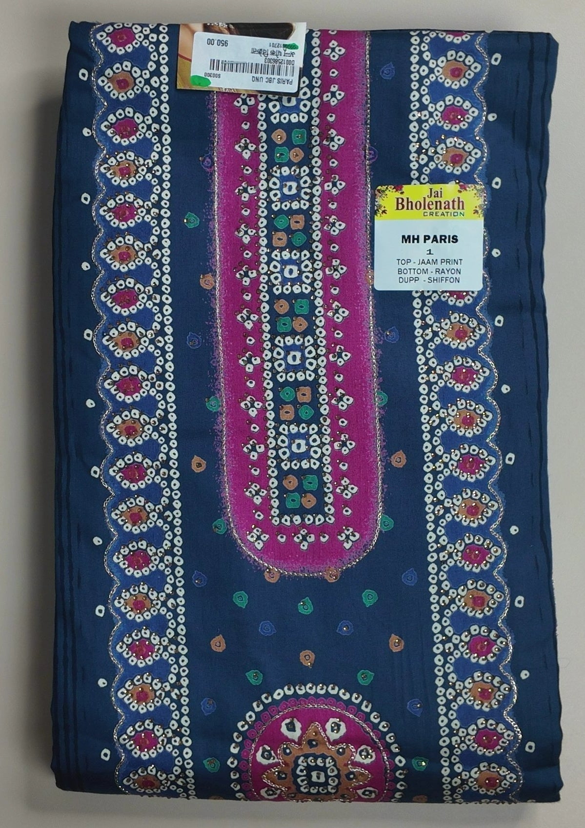 Elegant Navy Bandhani Suit with Pink Accents - Navy blue - Picture 1