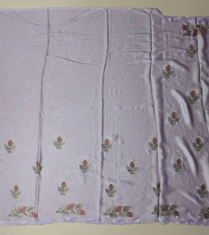 Lilac Embroidered Silk Shawl with Leaf Motifs - Lavender (1) - Picture 4