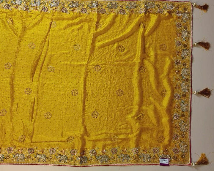 Vibrant Yellow Elephant Embroidered Dupatta - Yellow - Picture 3