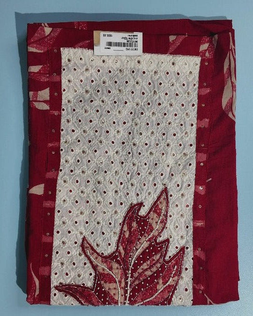 Elegant Maroon Leaf Print Cotton Suit Set - Red - Picture 3