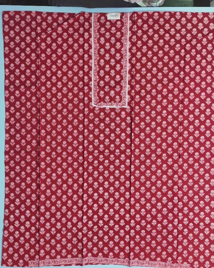 Elegant Red Floral Block Print Cotton Suit - Red - Picture 2