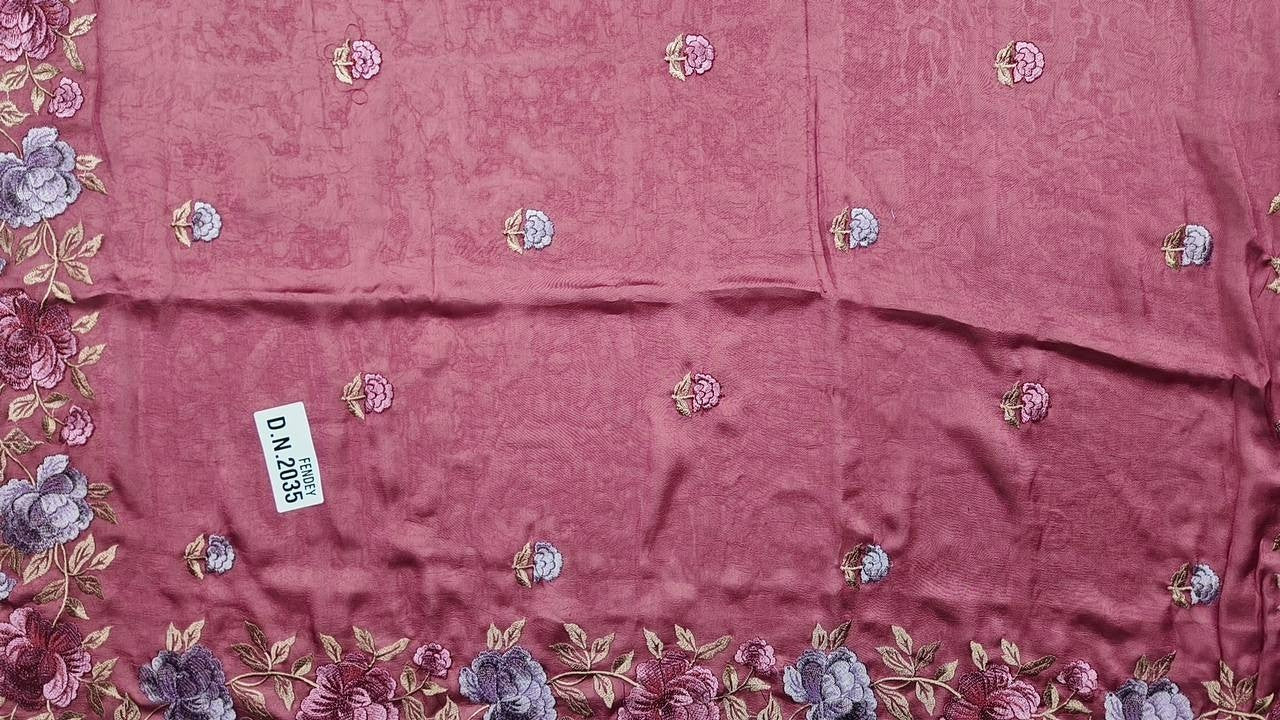 Elegant Pink Floral Embroidered Chiffon Saree - Dark red - Picture 2