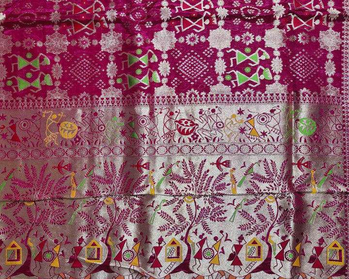 Elegant Maroon Warli Art Bandhani Saree - Maroon - Picture 2