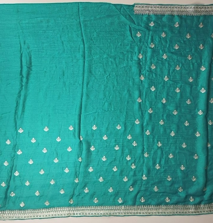 Elegant Teal Zari Embroidered Saree - Teal - Picture 4