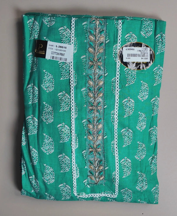 Elegant Teal Printed Cotton Kurta Fabric - Teal - Picture 1