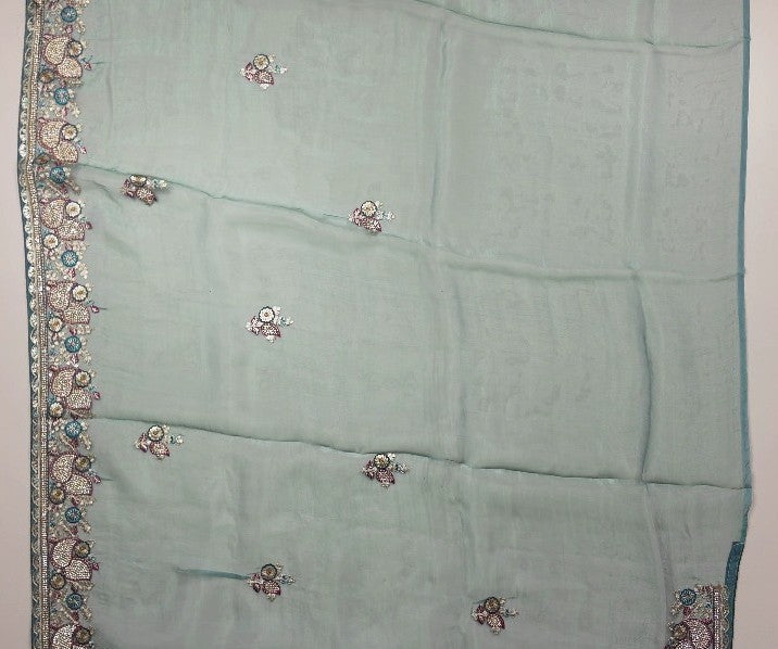 Teal Floral Embroidered Chiffon Saree - Teal - Picture 5