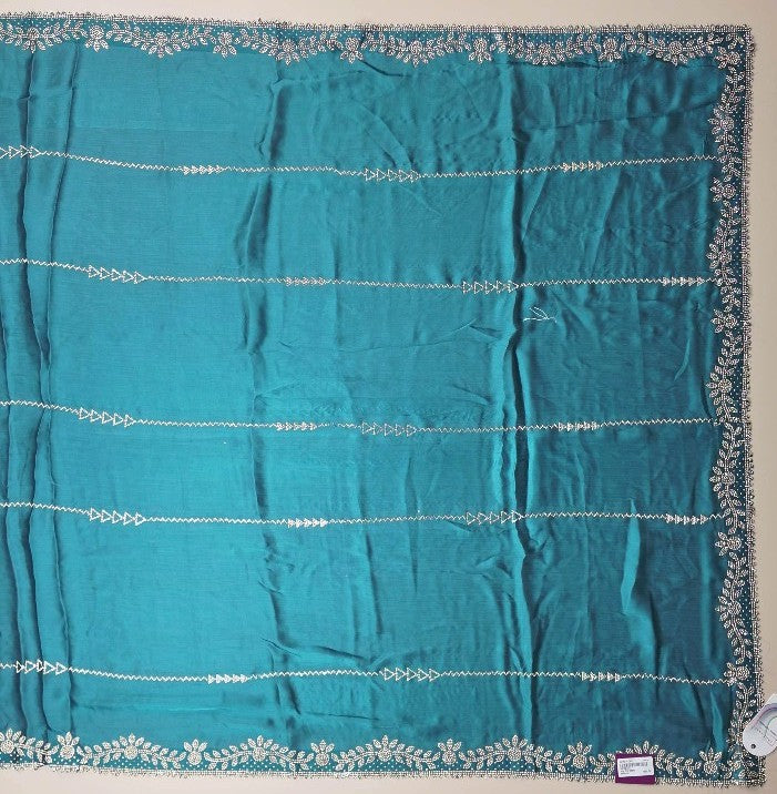 Teal Elegance: Handcrafted Embroidered Saree - Teal - Picture 2