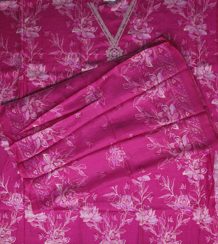 Vibrant Pink Floral Embroidered Suit - Magenta - Picture 5