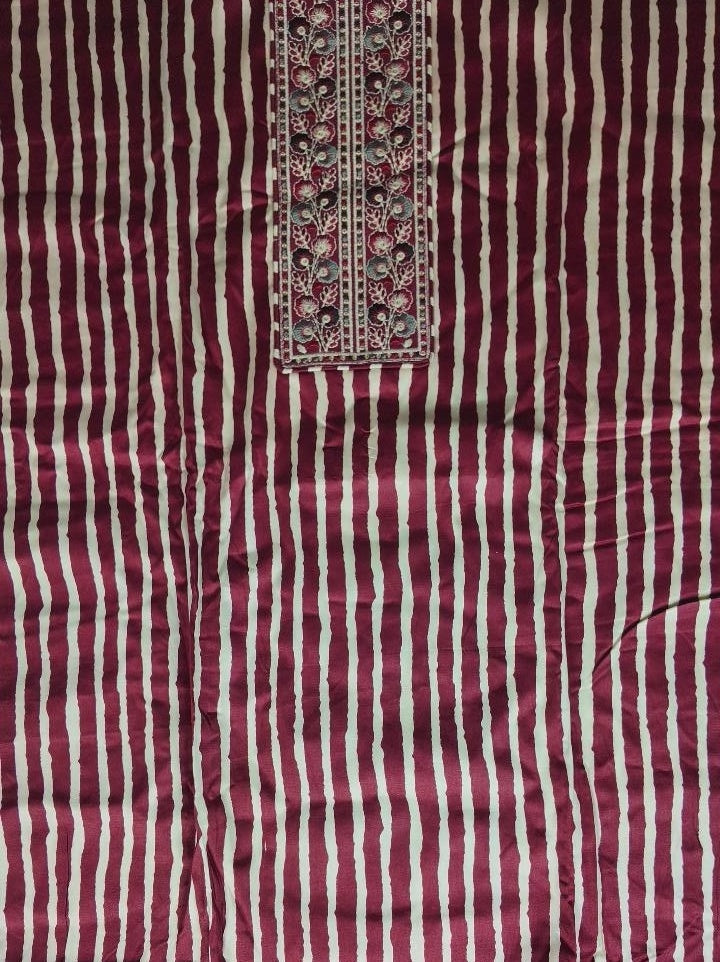 Elegant Maroon Striped Kurta Set with Embroidery - Maroon - Picture 2