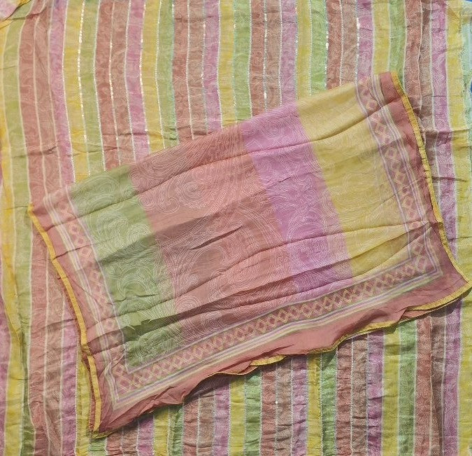 Pastel Striped Chiffon Saree with Sequin Accents - Pink - Picture 5