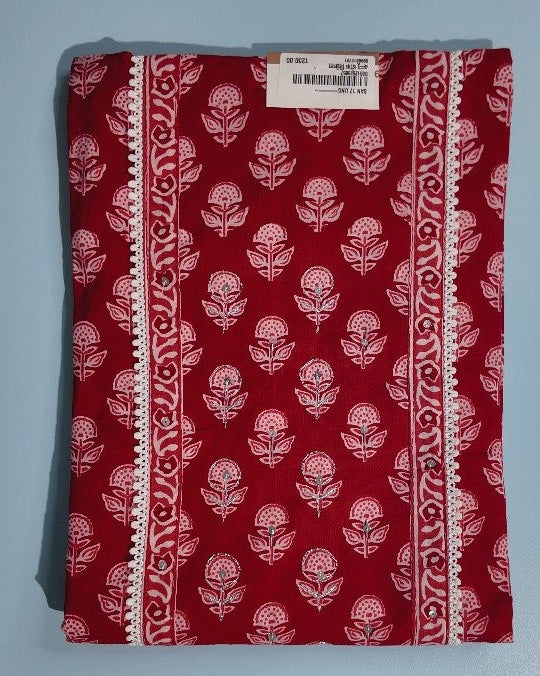 Elegant Red Floral Block Print Cotton Suit - Red - Picture 1