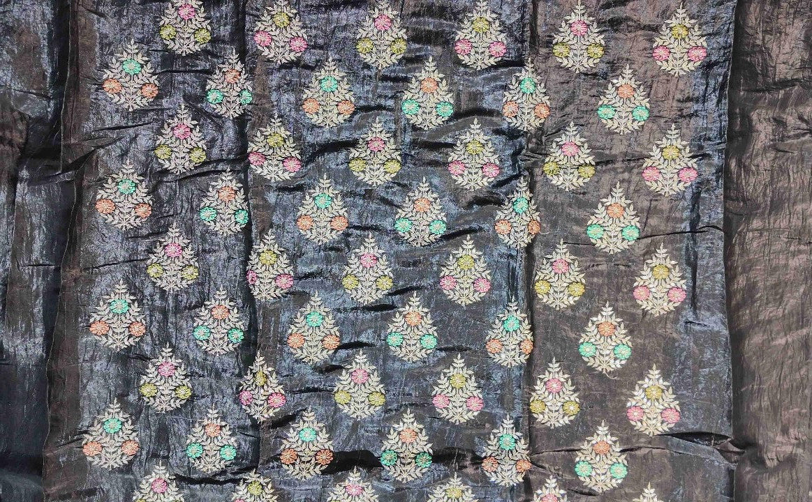 Elegant Black Silk Saree with Multicolor Embroidery - Black - Picture 3