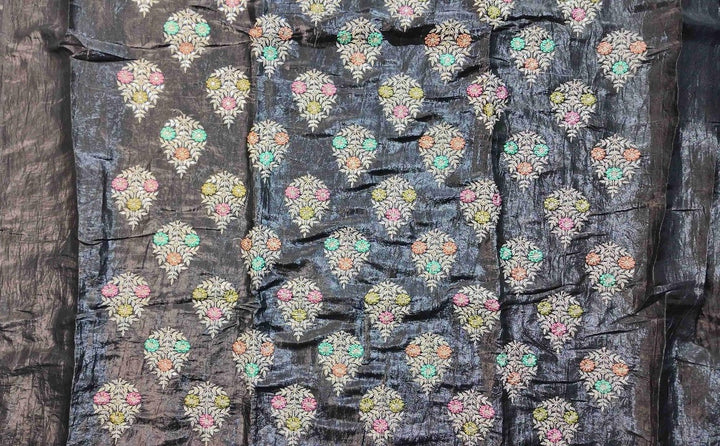 Elegant Black Silk Saree with Multicolor Embroidery - Black - Picture 3