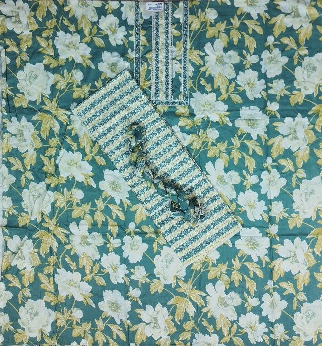 Elegant Teal Floral Cotton Suit Set - Teal - Picture 4