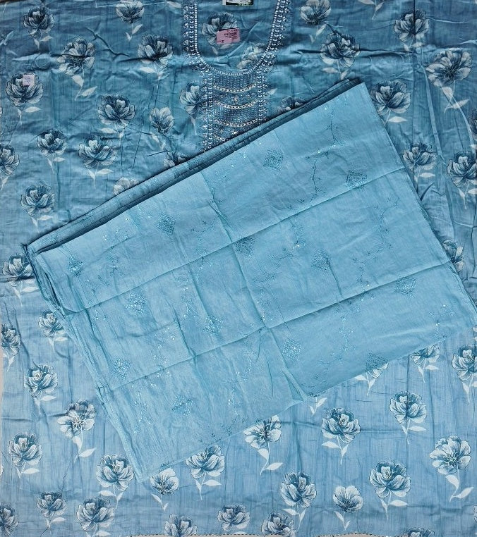 Elegant Blue Floral Cotton Kurti Set - Light Blue - Picture 4