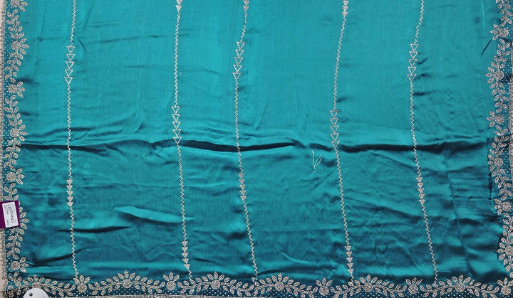 Teal Elegance: Handcrafted Embroidered Saree - Teal - Picture 3