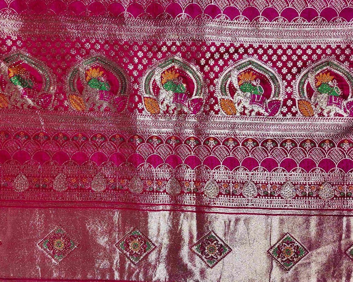 Radiant Pink Banarasi Silk Saree with Elephant Motifs - Magenta - Picture 2