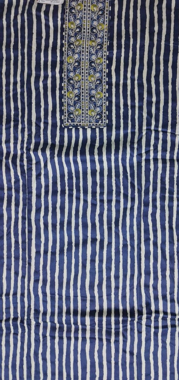 Navy Blue Floral Embroidered Cotton Kurta Set - Navy blue - Picture 2