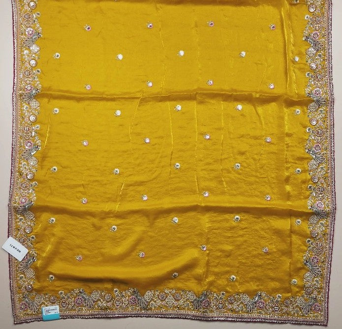 Golden Mustard Embroidered Silk Saree - Mustard yellow - Picture 2