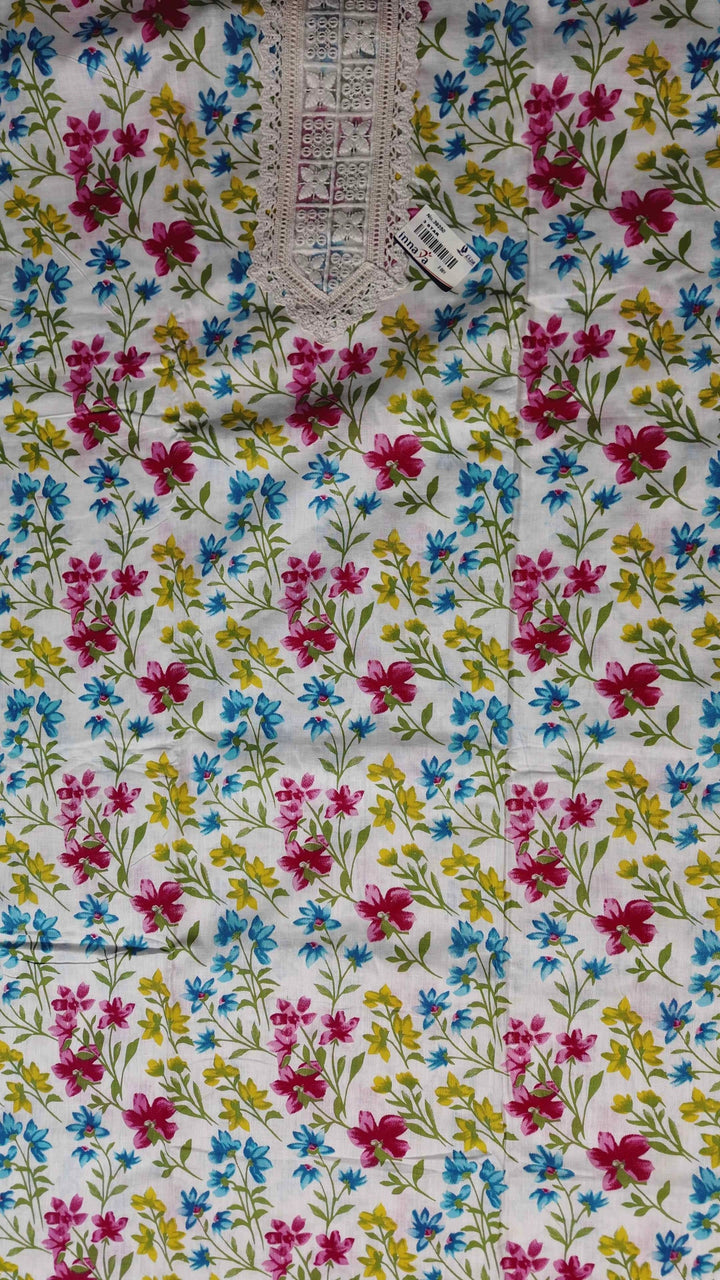 Vibrant Floral & Lace Kurta Fabric Set - White - Picture 4