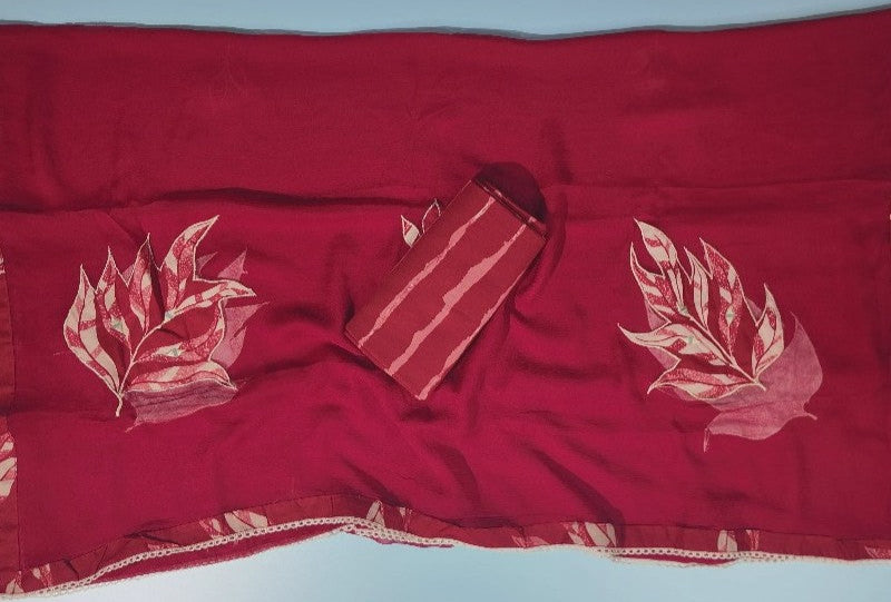 Elegant Maroon Leaf Print Cotton Suit Set - Red - Picture 5