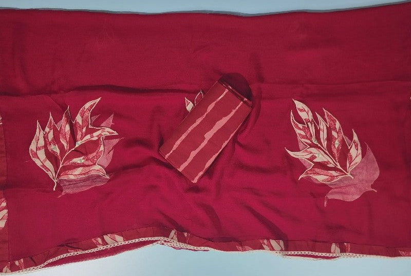 Elegant Maroon Leaf Print Cotton Suit Set - Red - Picture 5