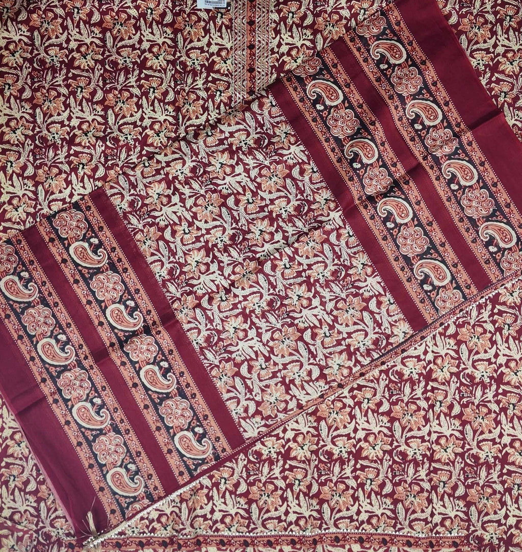 Maroon Floral Cotton Saree with Intricate Border - Maroon - Picture 3
