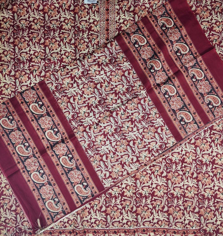Maroon Floral Cotton Saree with Intricate Border - Maroon - Picture 3