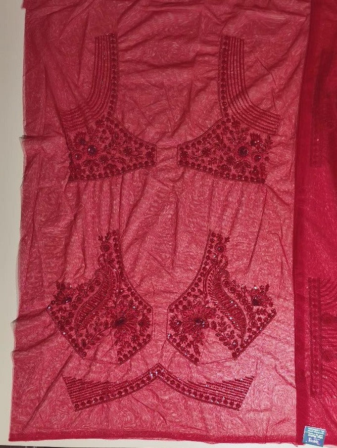 Elegant Ruby Red Floral Embroidered Fabric - Red - Picture 6