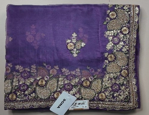 Elegant Purple Floral Embroidered Saree - Purple - Picture 1