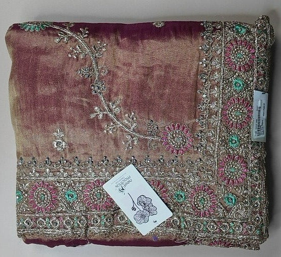 Elegant Mauve Silk Saree with Floral Embroidery - Maroon - Picture 1