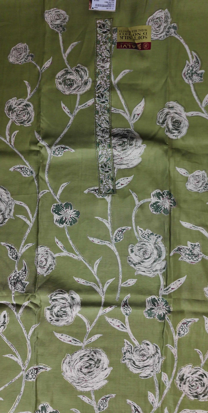 Elegant Green Floral Soft Silk Suit - Olive green - Picture 2