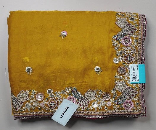 Golden Mustard Embroidered Silk Saree - Mustard yellow - Picture 1