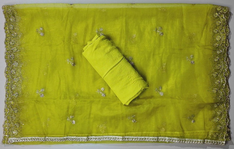Vibrant Lime Green Embroidered Silk Saree - Lime Green - Picture 6
