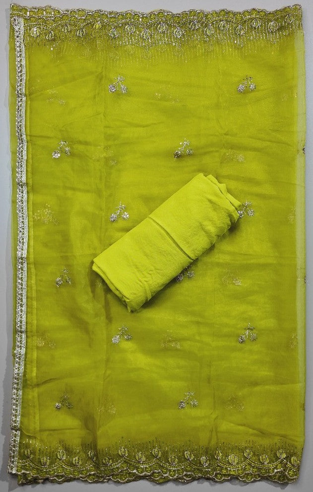 Vibrant Lime Green Embroidered Silk Saree - Lime Green - Picture 6