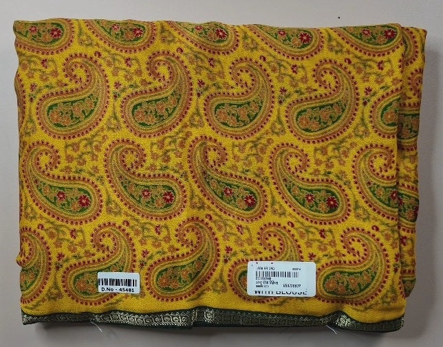 Vibrant Yellow Paisley Print Saree - White (5) - Picture 4