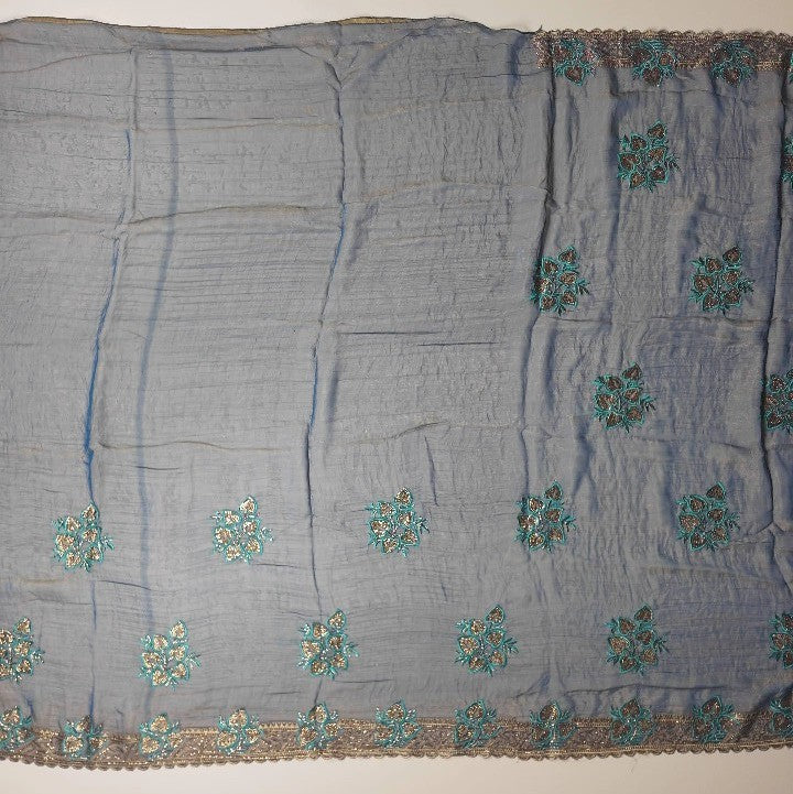 Elegant Blue Chiffon Saree with Embroidered Motifs - Blue - Picture 5