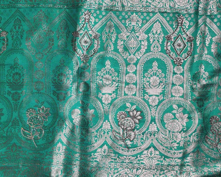 Emerald Green Banarasi Brocade Silk Saree - Teal - Picture 2