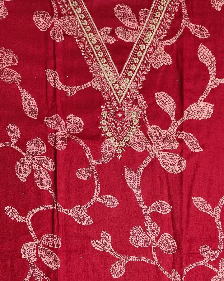 Elegant Red Bandhani Suit with Embroidery - Red - Picture 3