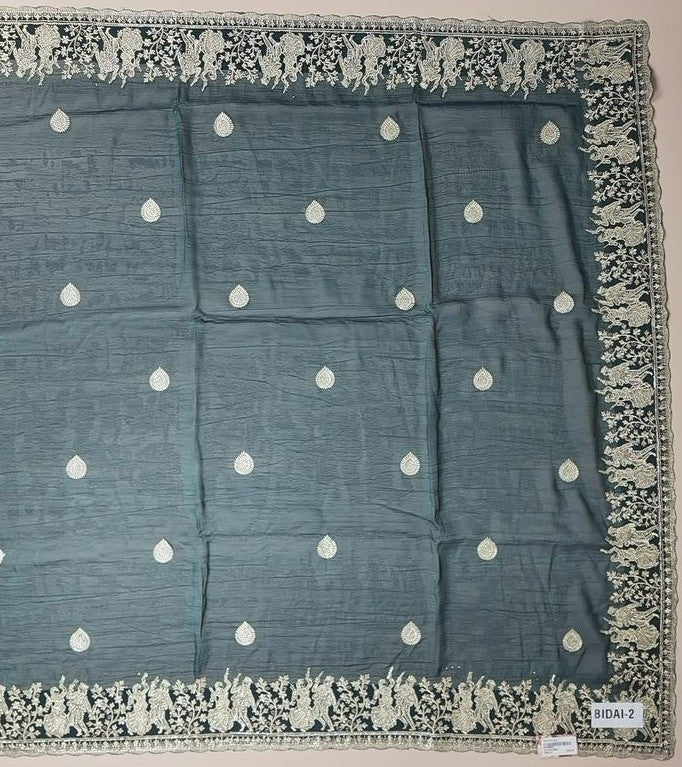 Elegant Teal Embroidered Saree with Zari Border - Dark teal - Picture 3