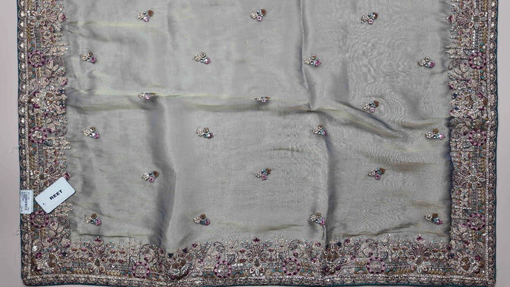 Elegant Grey Embroidered Silk Saree - Olive green - Picture 3