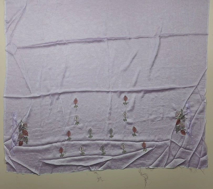 Lilac Embroidered Silk Shawl with Leaf Motifs - Lavender (1) - Picture 5