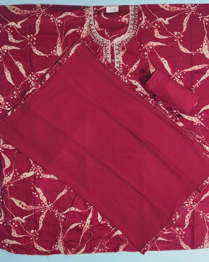 Elegant Maroon Printed Cotton Suit Set - Red - Picture 3