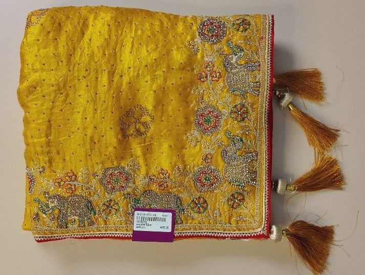 Vibrant Yellow Elephant Embroidered Dupatta - Yellow - Picture 1