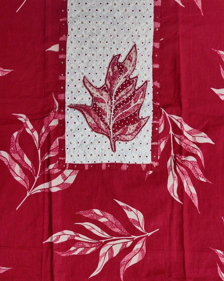 Elegant Maroon Leaf Print Cotton Suit Set - Red - Picture 1