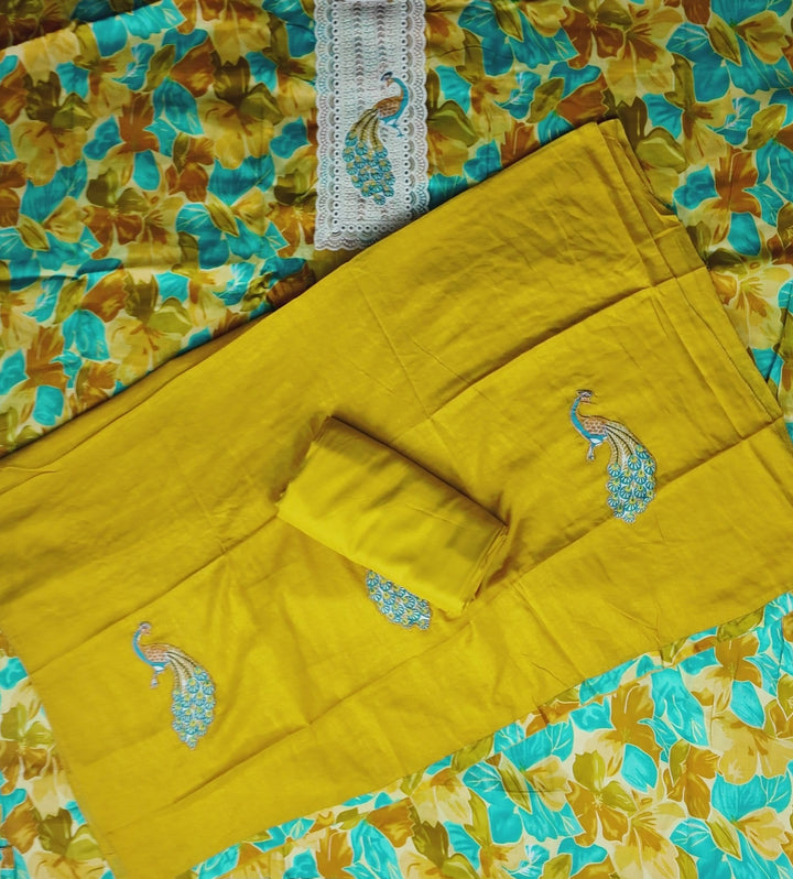 Vibrant Peacock Embroidered Floral Suit - Mustard yellow - Picture 4
