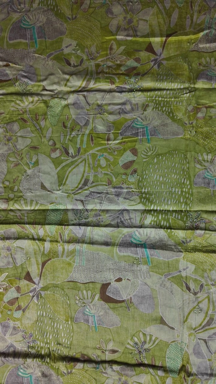 Elegant Lime Green Floral Chiffon Saree - Lime Green - Picture 2