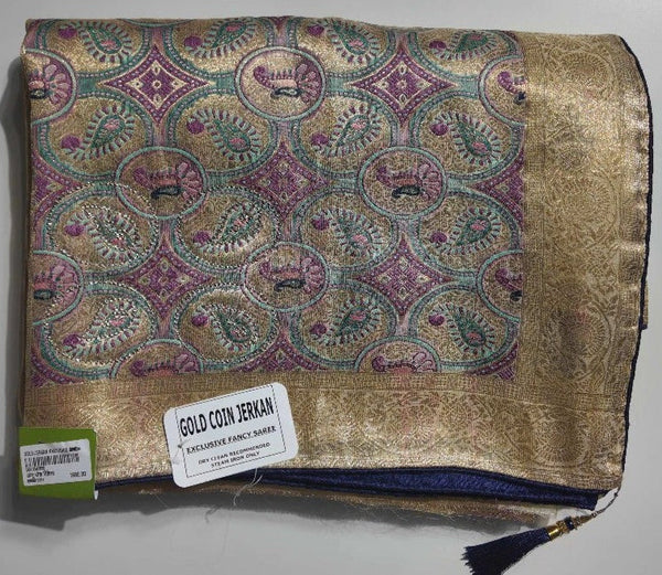 Elegant Gold & Purple Brocade Saree - Gold - Picture 1