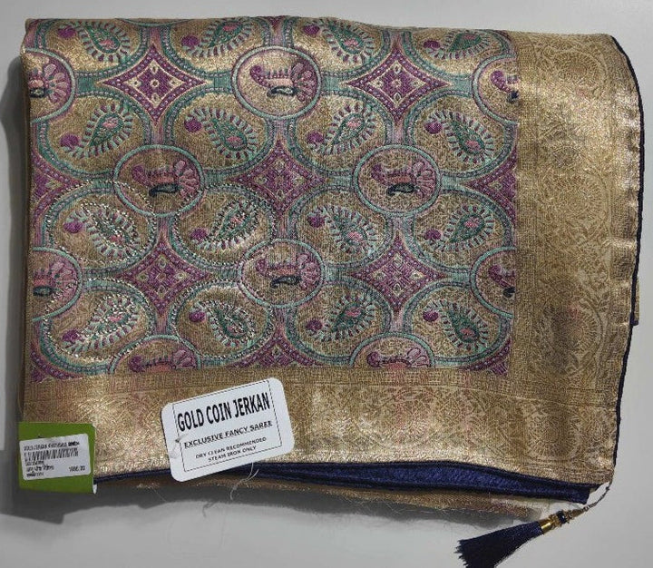 Elegant Gold & Purple Brocade Saree - Gold - Picture 1